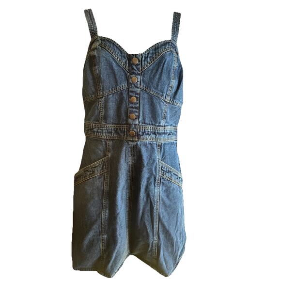 Vtg Y2K Japra Overall Mini Denim Jean Smocked Sundress Strap Dress Large 90s - Picture 2 of 7